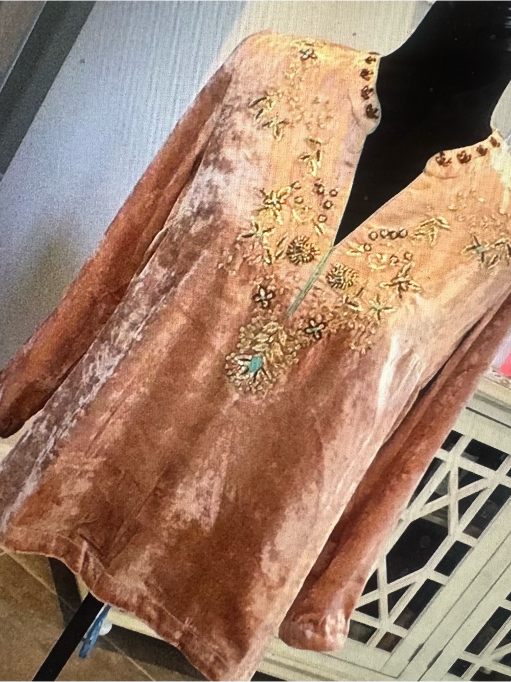 Soft Surroundings Blush Velvet Tunic with Gold Embroidery and beadwork